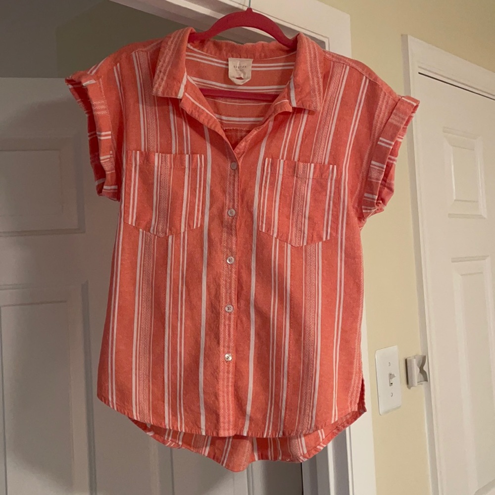 Coral Button Down Short Sleeve Blouse